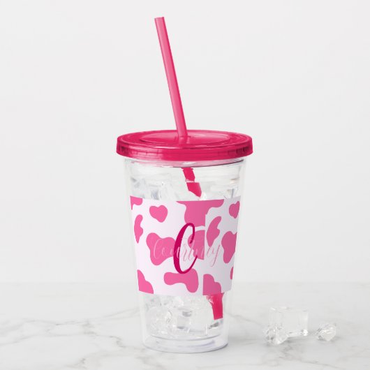 Monogram Farm Animal Pink Cow Print Acryltrinkbecher (Vorderseite Ice)