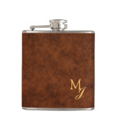 Monogram Faux Brown Leather Flask Flachmann (Vorderseite)