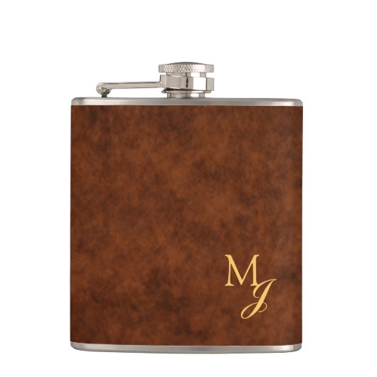 Monogram Faux Brown Leather Flask Flachmann (Vorderseite)