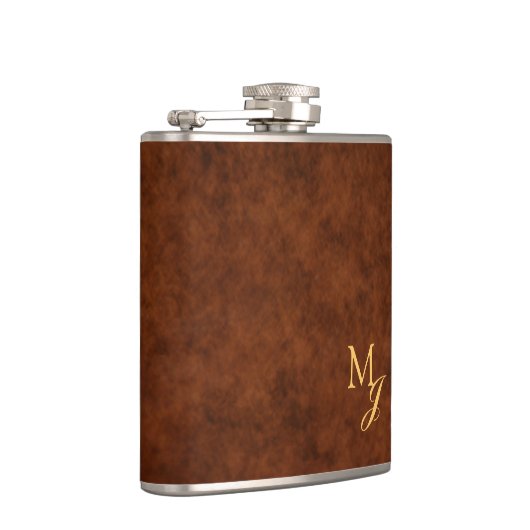 Monogram Faux Brown Leather Flask Flachmann (Rechts)