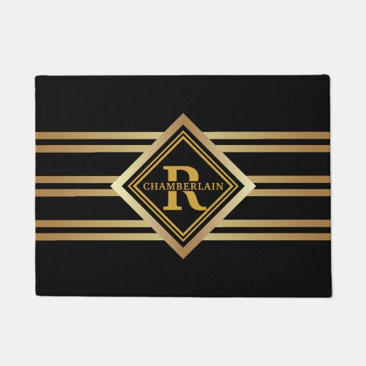 Monogram Faux Gold Geometric BLACK Fußmatte (Vorderseite)