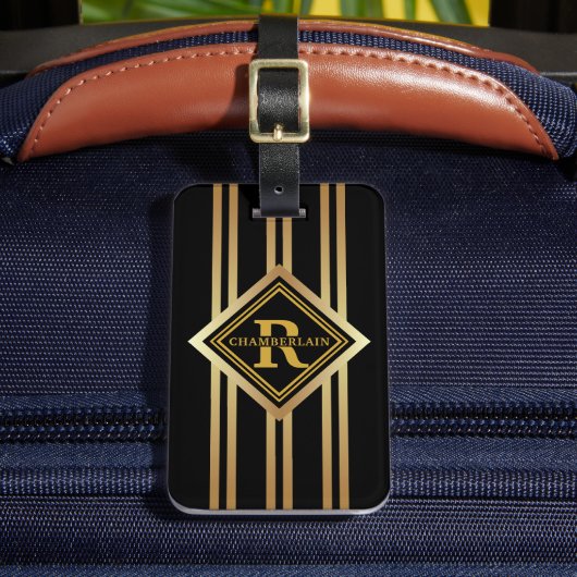 Monogram Faux Gold Geometrisch SCHWARZ Gepäckanhänger (Vorderseite Insitu 2)