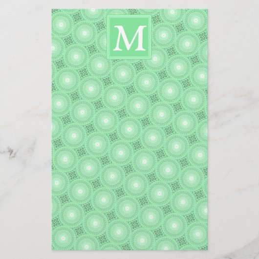 Monogram Federgrün Kreismuster Briefpapier (Vorderseite)