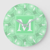 Monogram Federgrün Kreismuster Große Wanduhr (Vorderseite)