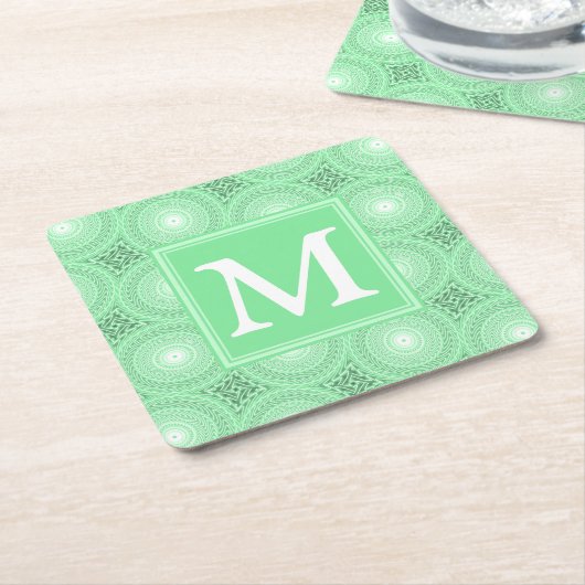 Monogram Federgrün Kreismuster Rechteckiger Pappuntersetzer (angewinkelt)