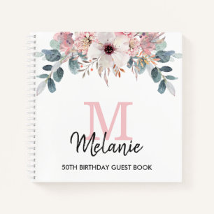 Monogram Floral 50th Birthday Party Guest Book Notizblock