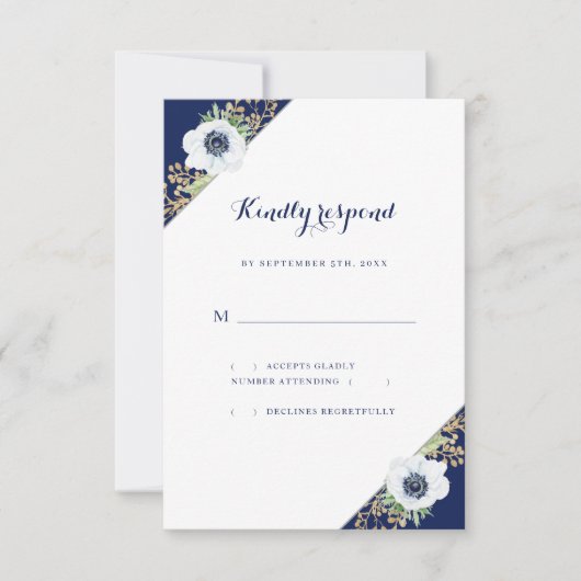 Monogram Floral Anemone Blue White Wedding RSVP Karte (Vorderseite)