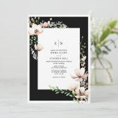 Monogram Floral Black & White Botanical Wedding Einladung (Stehend Vorderseite)