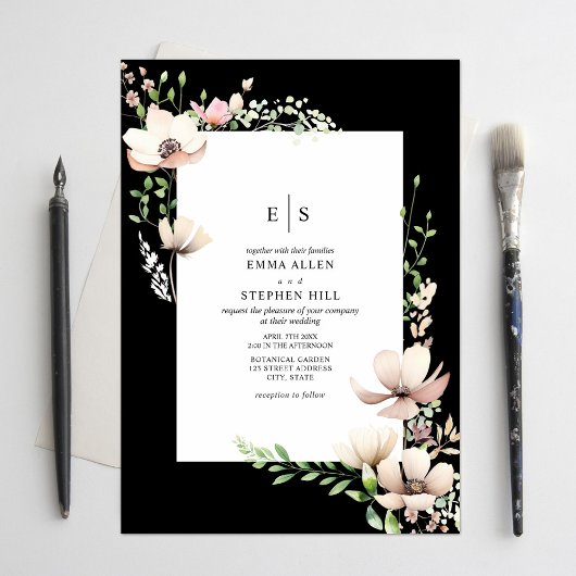 Monogram Floral Blush Black Botanical Wedding Einladung