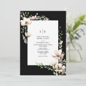 Monogram Floral Blush Black Botanical Wedding Einladung (Stehend Vorderseite)