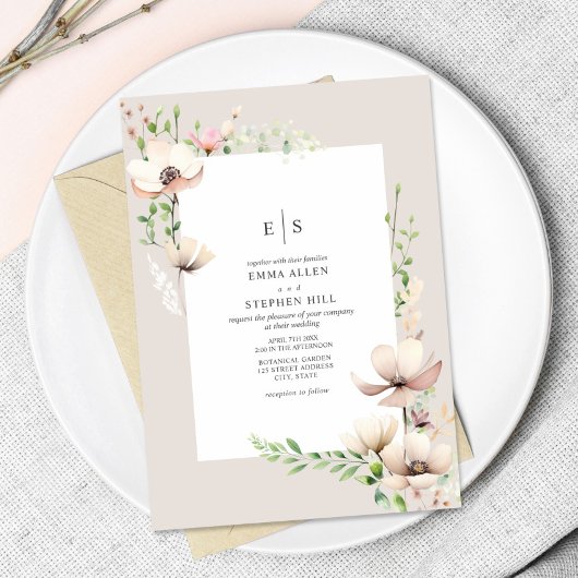 Monogram Floral Blush Off White Botanical Wedding Einladung