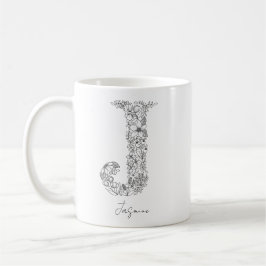Monogram Floral Botanischer Schwarz-weißer Letter  Kaffeetasse