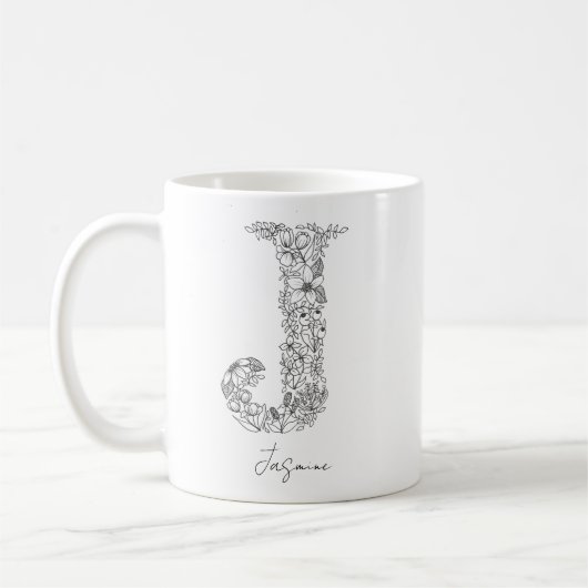 Monogram Floral Botanischer Schwarz-weißer Letter Kaffeetasse (Links)