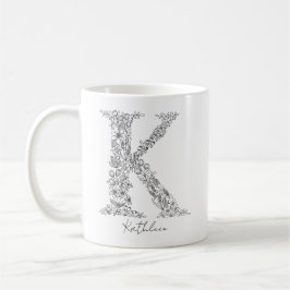 Monogram floral Botanischer Schwarz-weißer Letter  Kaffeetasse