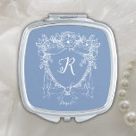 Monogram Floral Bow Wappen Blue Bridesmaid Geschen Taschenspiegel<br><div class="desc">Fügen Sie Ihrem besonderen Tag eine Touch Eleganz mit diesem Mit Monogramm White Floral und Bow Wappen Compact Mirror auf einem staubigen blauen Hintergrund hinzu. Dieses blaue Brautgeschenk ist die perfekte Wahl für Braut oder Braut. Die eleganten Schriftzeichen fügen eine feminine und moderne Touch hinzu und machen sie zu einem...</div>