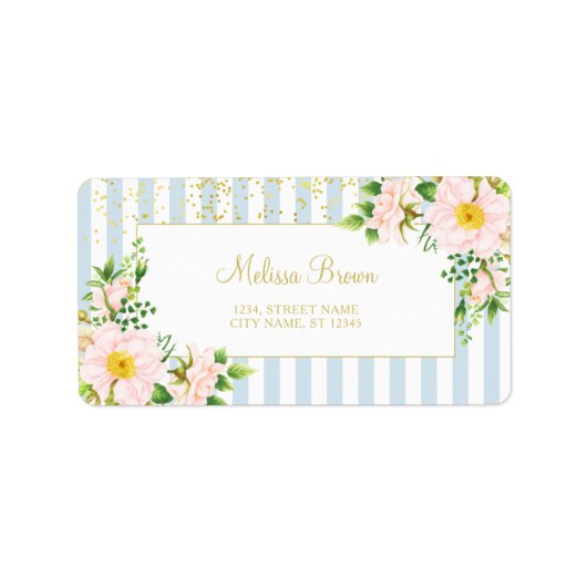 Monogram Floral Chic Pastellblauer Streifen Adressaufkleber (Vorne)