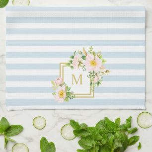 Monogram Floral Chic Pastellblauer Streifen Geschirrtuch