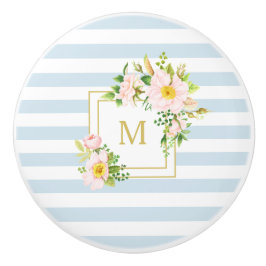Monogram Floral Chic Pastellblauer Streifen Keramikknauf