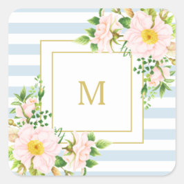 Monogram Floral Chic Pastellblauer Streifen Quadratischer Aufkleber