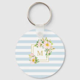 Monogram Floral Chic Pastellblauer Streifen Schlüsselanhänger
