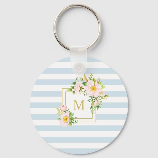 Monogram Floral Chic Pastellblauer Streifen Schlüsselanhänger (Vorderseite)
