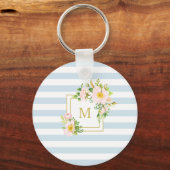 Monogram Floral Chic Pastellblauer Streifen Schlüsselanhänger (Vorderseite)