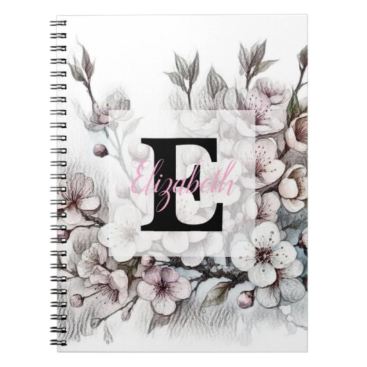 Monogram floral drawing pink cherry blossom  notizblock (Vorderseite)