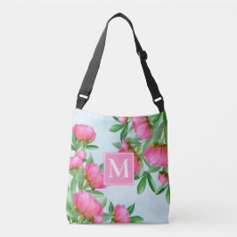 Monogram Floral Elegant Pink Peonies Simple Garden Tragetaschen Mit Langen Trägern
