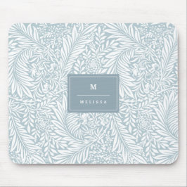 Monogram floral Foliage Dusty Blue White Elegant Mousepad
