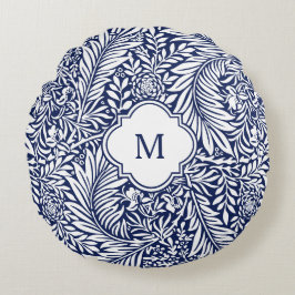 Monogram Floral Foliage William Morris Blue White Rundes Kissen