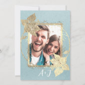 Monogram Floral Foto Gold Frame QRCode Blue Kraft Einladung (Rückseite)