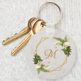 Monogram Floral Gold Marmor Calla Lilies Initial Schlüsselanhänger