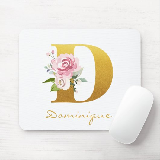 Monogram Floral Imitats Goldener Name Erstpersonal Mousepad (Mit Mouse)