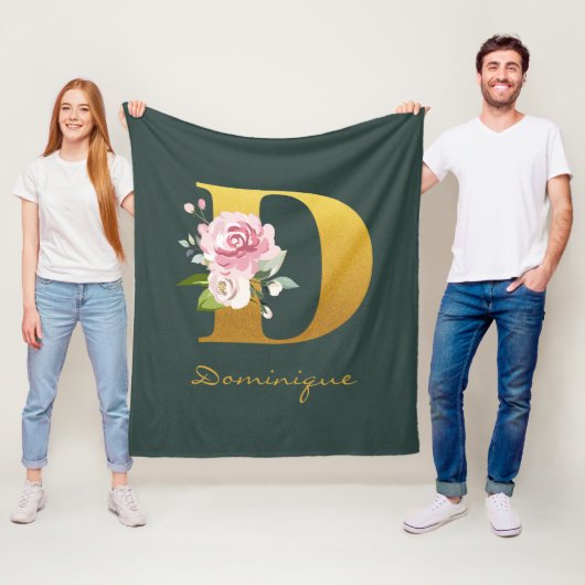 Monogram Floral Imitats Goldname Personalisiert Fleecedecke (Beispiel)