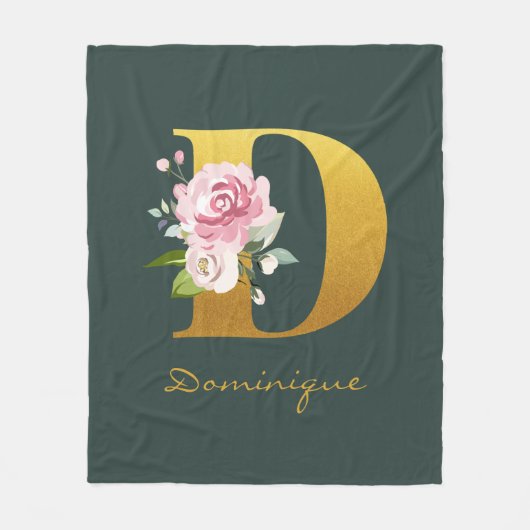 Monogram Floral Imitats Goldname Personalisiert Fleecedecke (Vorderseite)