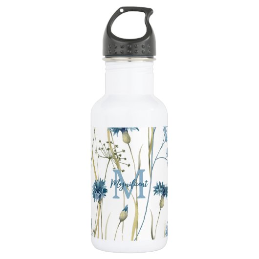 Monogram Floral Light Blue Edelstahlflasche (Vorderseite)