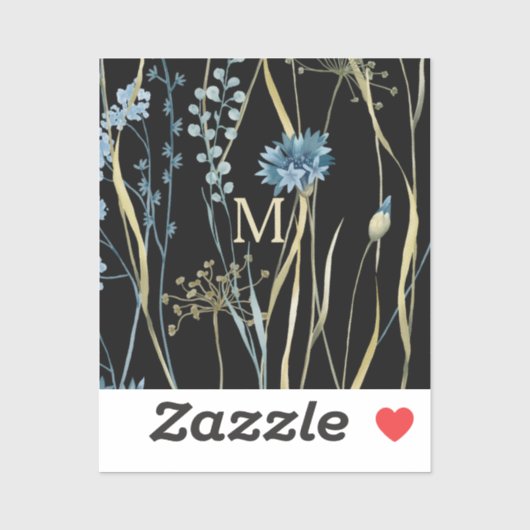Monogram Floral Light Blue & Gold auf Black Aufkleber (Blatt)