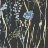 Monogram Floral Light Blue & Gold auf Black Aufkleber (Vorderseite)