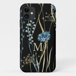 Monogram Floral Light Blue & Gold auf Black Case-Mate iPhone Hülle