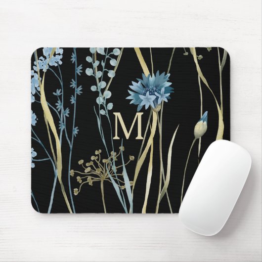 Monogram Floral Light Blue & Gold auf Black Mousepad (Mit Mouse)