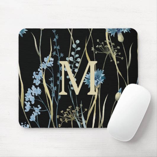 Monogram Floral Light Blue & Gold auf Black Mousepad (Mit Mouse)