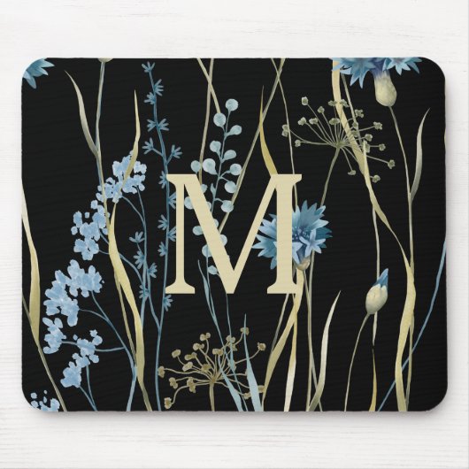 Monogram Floral Light Blue & Gold auf Black Mousepad (Vorne)