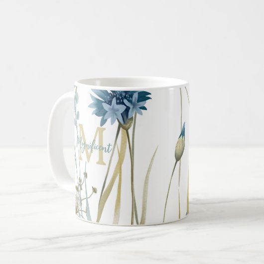 Monogram floral Light Blue Gold White Kaffeetasse (Vorderseite Links)