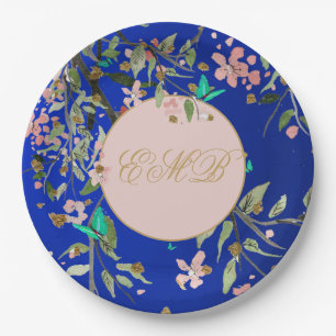 Monogram Floral Navy Rosa Elegant Gold Geburtstag Pappteller