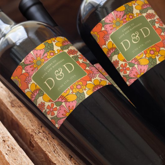 Monogram Floral Pattern Retro Boho 70er Wedding Weinetikett