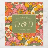 Monogram Floral Pattern Retro Boho 70er Wedding Weinetikett (Einzelnes Label)