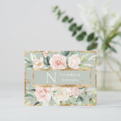 Monogram Floral Pink Gold Aquarell Danke Postkarte (Stehend Vorderseite)