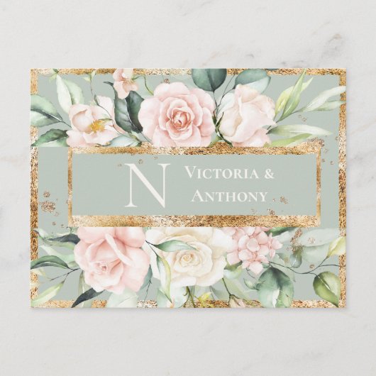 Monogram Floral Pink Gold Aquarell Danke Postkarte (Vorderseite)