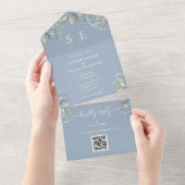Monogram Floral QR Code Dusty Blue Wedding All In One Einladung (Abreißen)