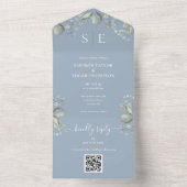 Monogram Floral QR Code Dusty Blue Wedding All In One Einladung (Innen Boden)